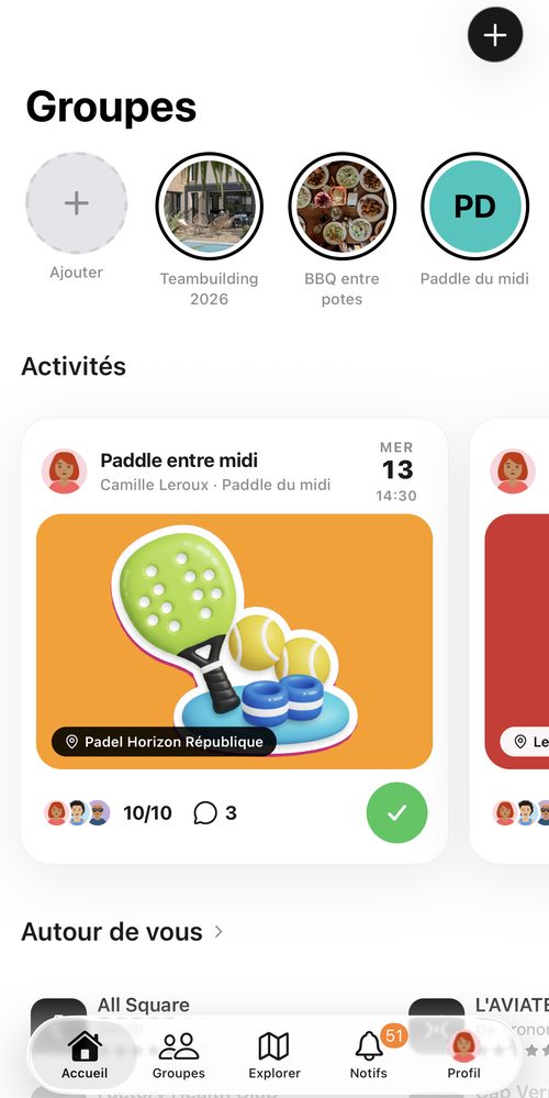 Page d'accueil okonect avec groupes et activités à venir